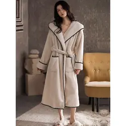 Women's Winter Fleece Bathrobe Hooded Warm Thick Ladies Dressing Gown Long Sleeve Pockets Flannel Sweet Bath Robe for Female