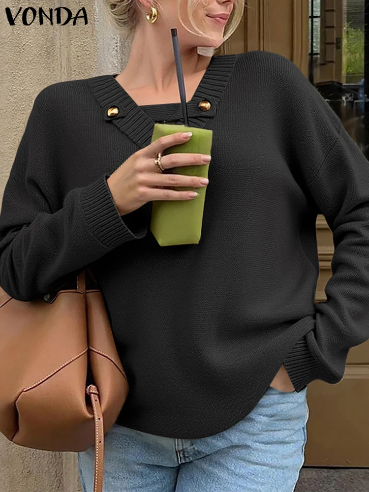 

VONDA, зимние женские однотонные вязаные пуловеры, свитера, осень 2023, повседневные элегантные джемперы с длинными рукавами и v-образным вырезом, ажурный трикотаж