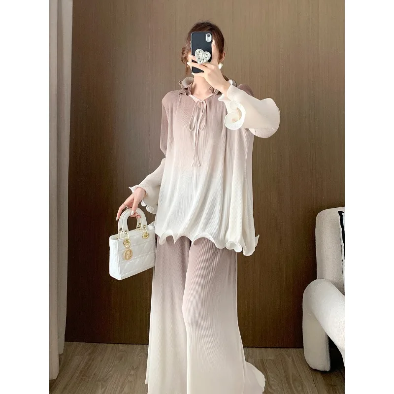 Miyake-Tops plisados para mujer, camiseta de manga larga suave y elegante, conjunto de pantalones rectos de pierna ancha con cintura elástica de talla grande, otoño
