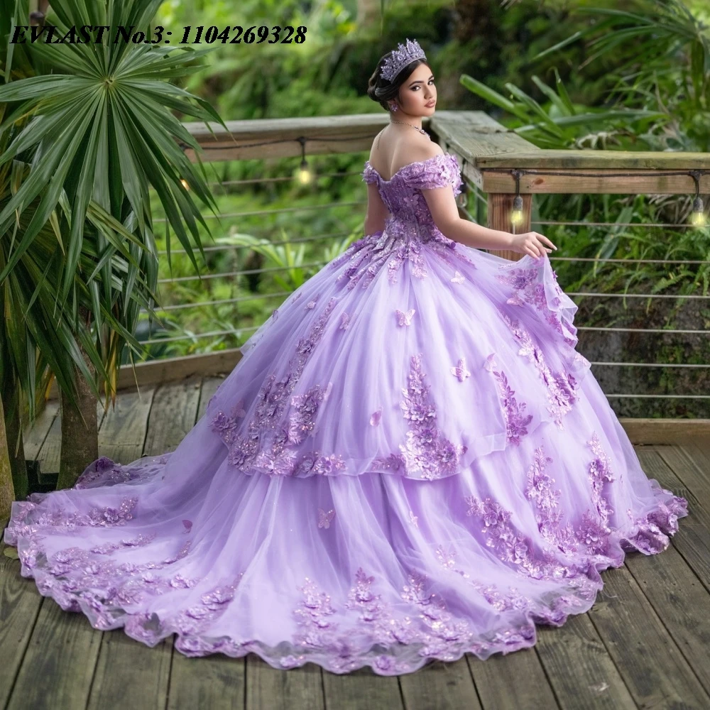 

EVLAST блестящее лавандовое платье Quinceanera по индивидуальному заказу, бальное платье с 3D цветочной аппликацией и бисером, Sweet 16, Vestidos De 15 Anos E3Q779