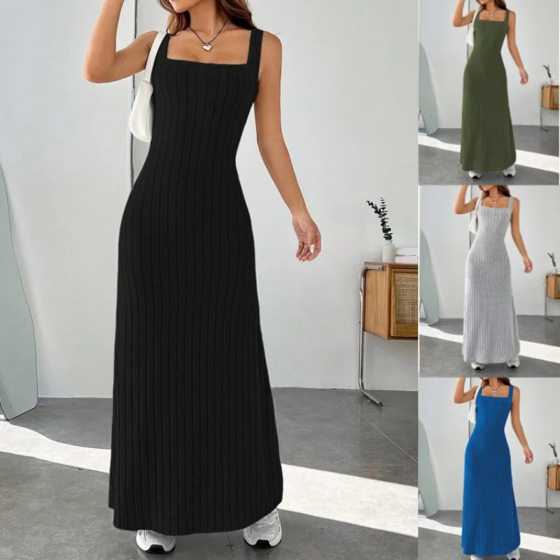 

2025Spring and Summer New Hot Style European and American Solid Color Ribbed Brushed Strap Casual Dress Long Dress Women