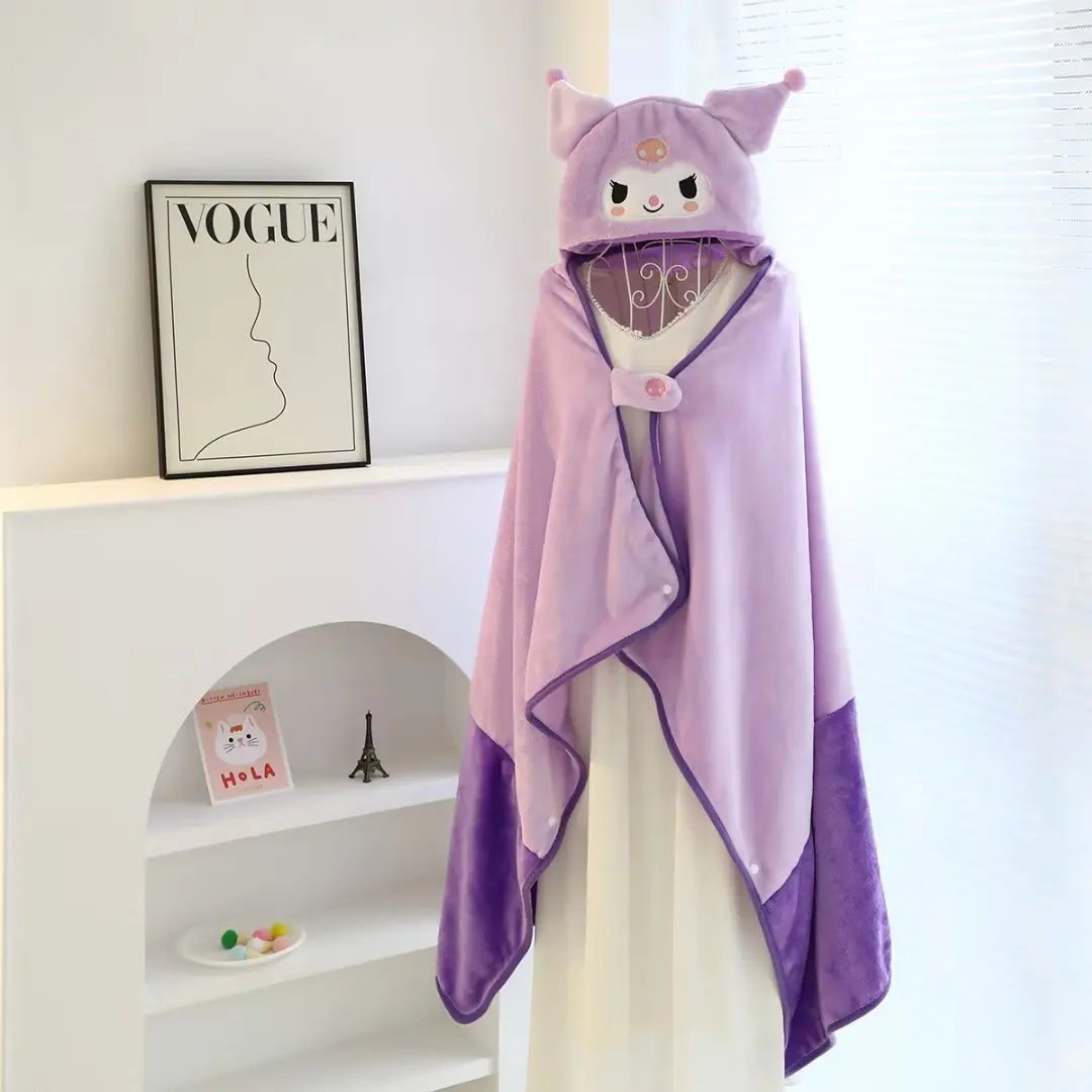 

High Quality Kuromi Hooded Cloak Warm Flannel Blanket With Hat Japanese Style Comfortable Nap Blanket For Girl Xmas Gifts