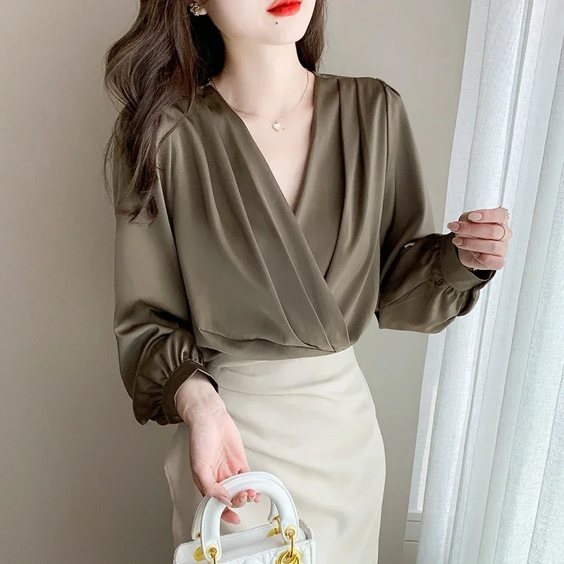 

Autumn Women's Long Sleeved V-neck Vintage Lantern Sleeve Solid Pleated Commuter Satin Chiffon Shirt Blouse Tops Camisas