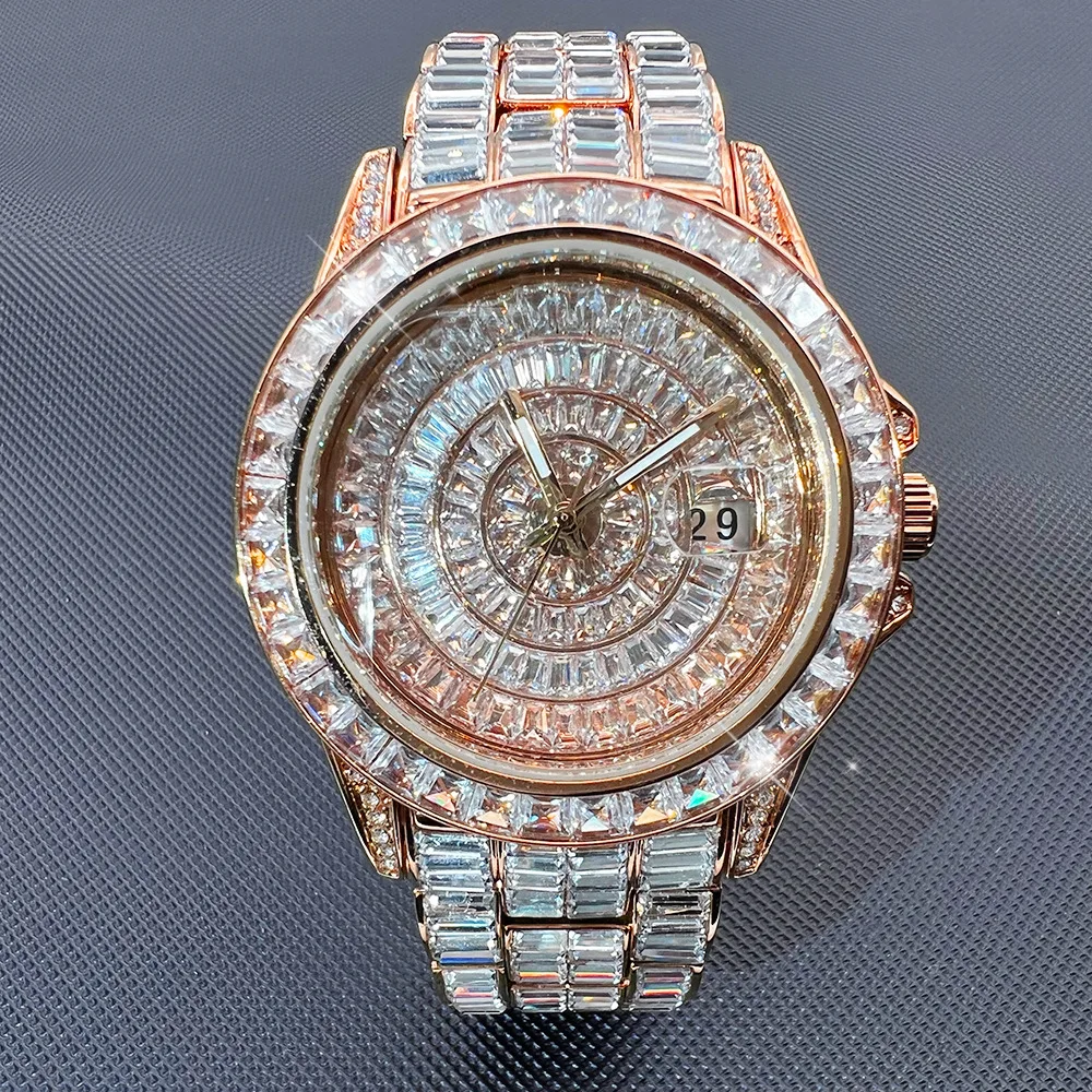 Jam Tangan Quartz Mewah untuk Pria Wanita Hip Hop Menakjubkan Bertabur Batu Warna Emas Jam Tangan Tanggal Bercahaya Tahan Air Jam Tangan Berkualitas Tinggi