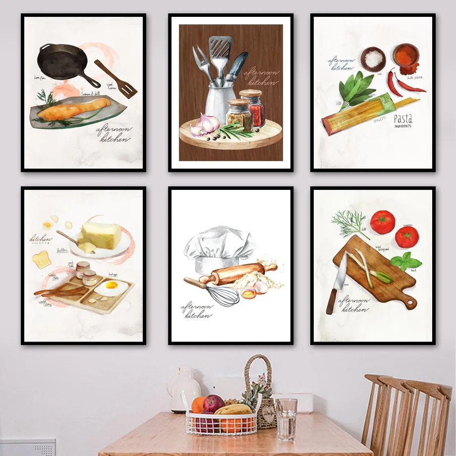 Modern Watercolor Kitchen Tools Seasoning Wall Art Canvas Painting Nordic Posters And Prints Wall Pictures For Dining Room Decor