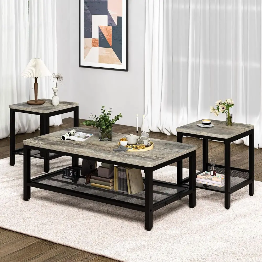

Industrial-Style 3-Piece Living Room Set: Grey Metal Frame Coffee Table with 2 Square Side Tables for Home Office