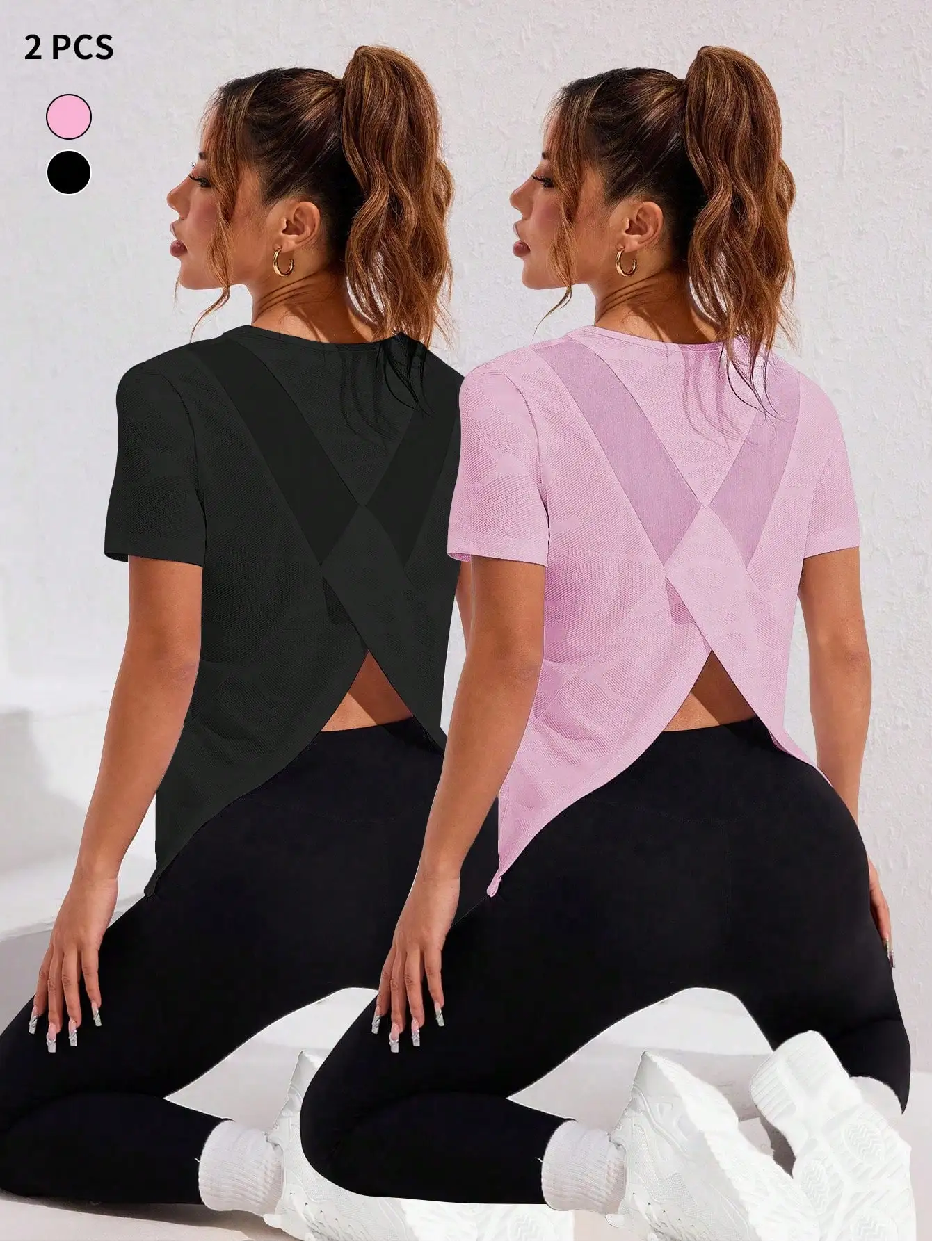 2pcs Women Sport Top With Jacquard Mesh Crossover Back Design