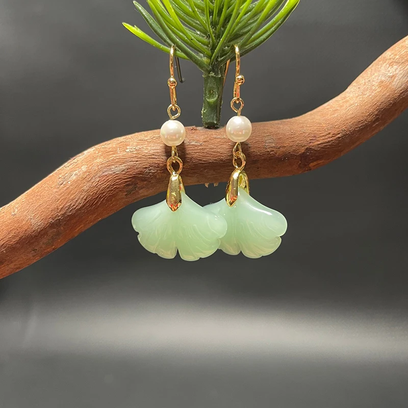 1Pair Retro Green Jade Ginkgo Leaf Style Pearl Drop Earring Chinese Ancient Style Hook Earrings For Women Gift