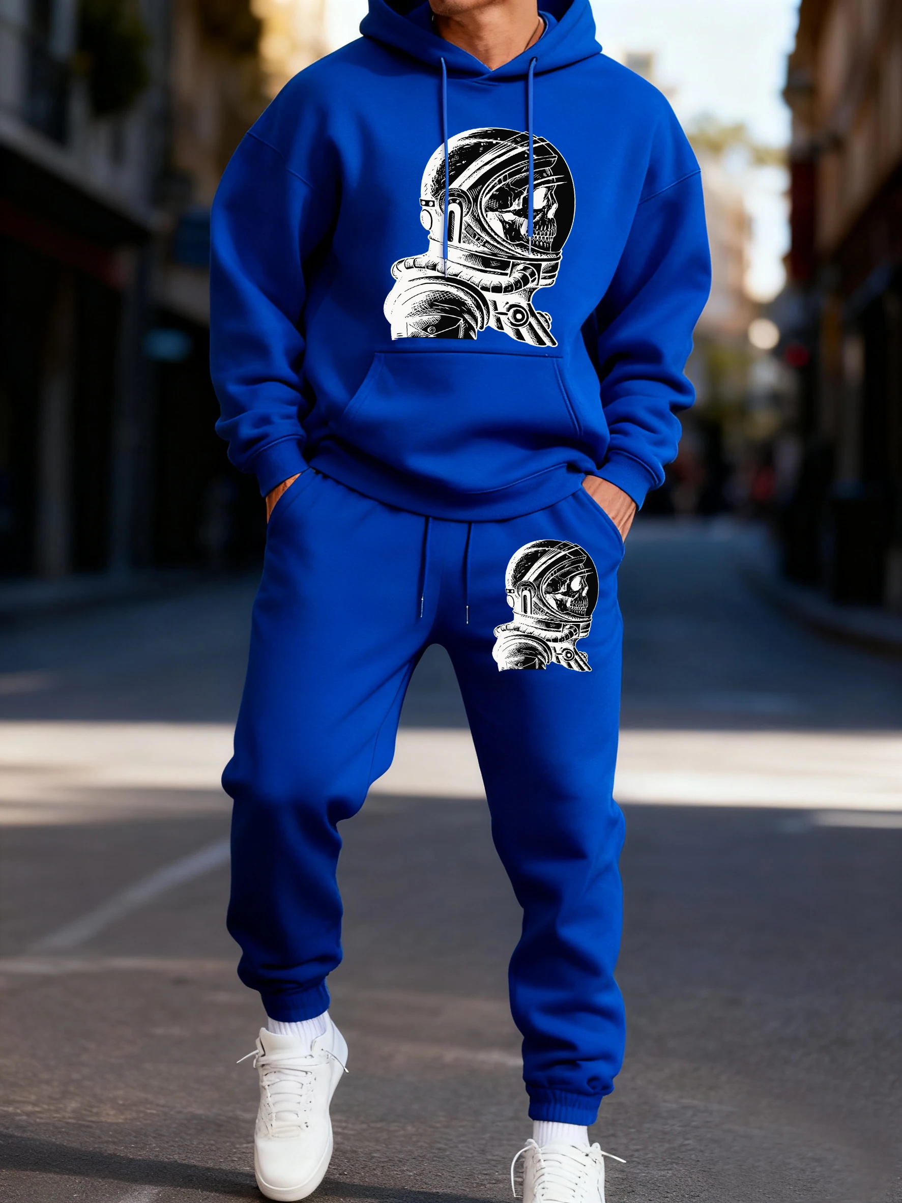 

Череп в космонавте с принтом шлема, мужской теплый комплект с капюшоном, осенний уличный свитшот, удобные универсальные спортивные штаны, мягкие флисовые штаны