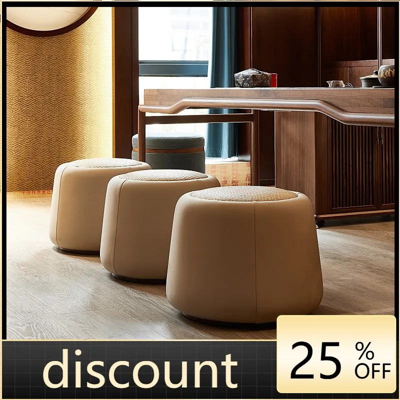 

LH new Chinese round stool leather sofa short black walnut rattan fabric soft bag stool