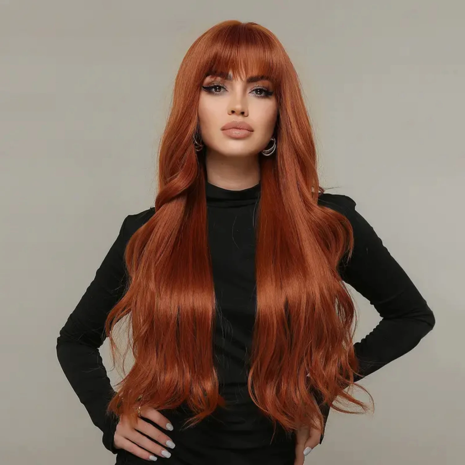 

Add a touch of elegance with this vibrant and stylish Premium Quality Long Straight Synthetic Orange Wig with Bangs. Perfect for