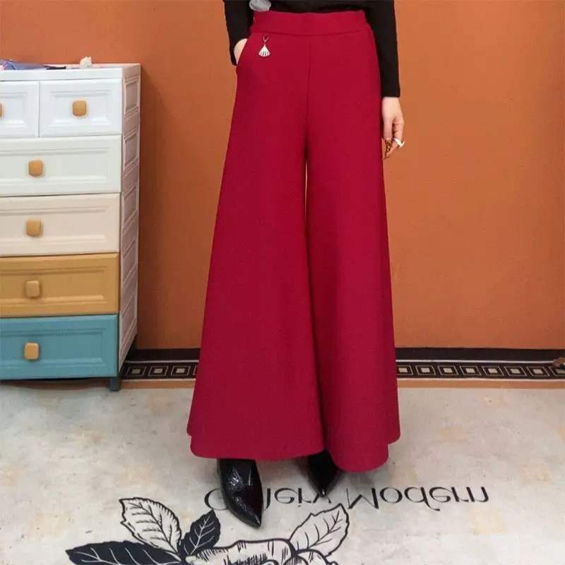 Women Autumn Winter Fleece Thick Simplicity Solid Color High Waist Wide Leg Women Clothes Office Lady All-match Casual Trousers