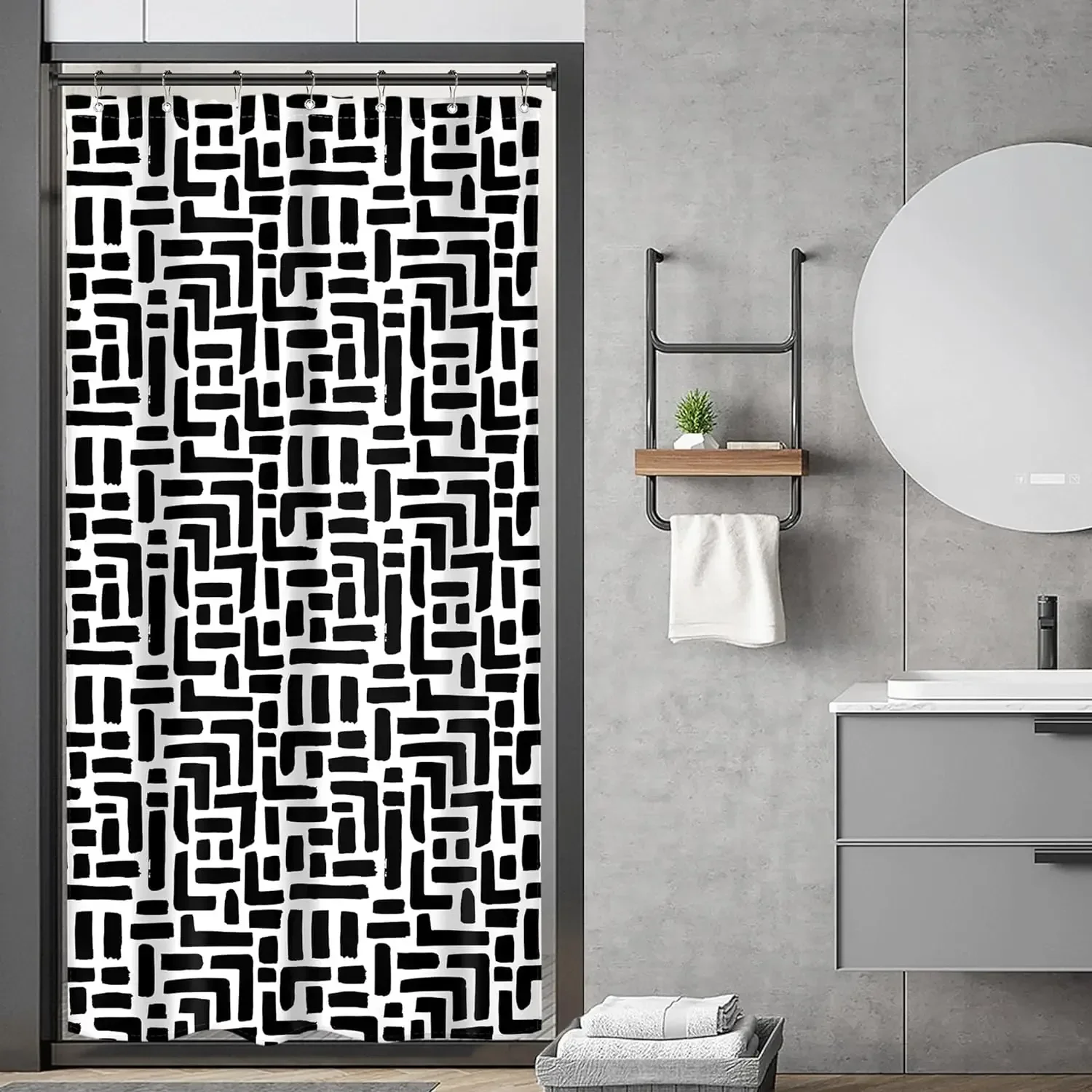 Modern Geometric Shower Curtain with Abstract Black and White Lines Minimalist Curves Bohemian Minimalist Bathroom Decoration