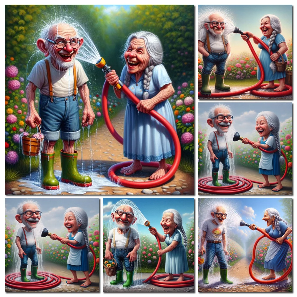 Grandma and grandpa Playing Water 5D DIY Diamond Painting Old Couple Cross Stitch Kits New 2024  Mosaic Diamond Embroidery Sale