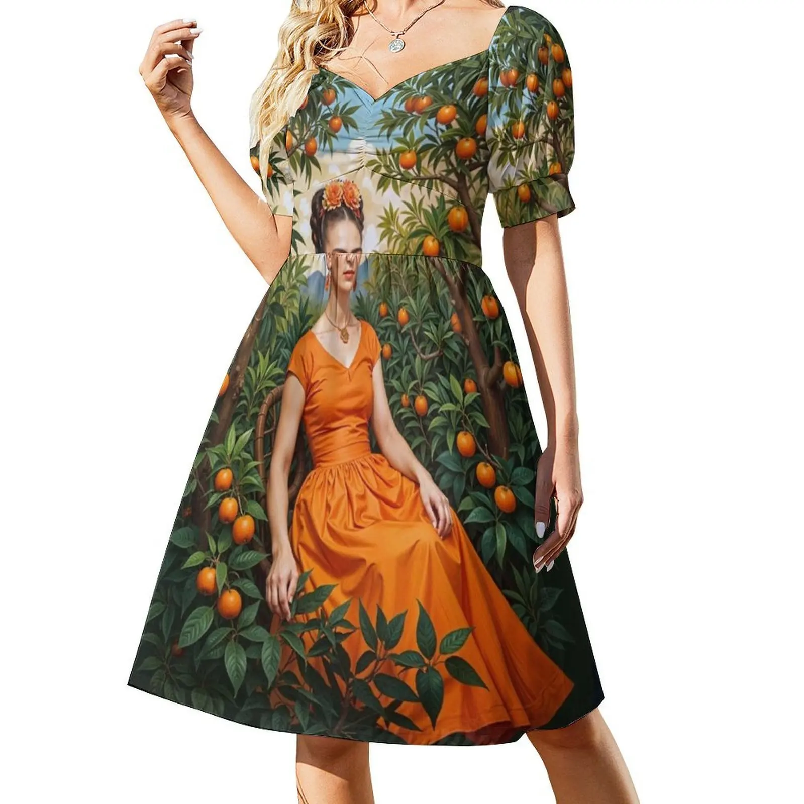 فستان بوهيمي محاط بشجرة برتقالية بدون أكمام متعدد الطباعات لحفلات عطلة الشاطئ برتقالي كاهلو فن شجرة برتقالية #2