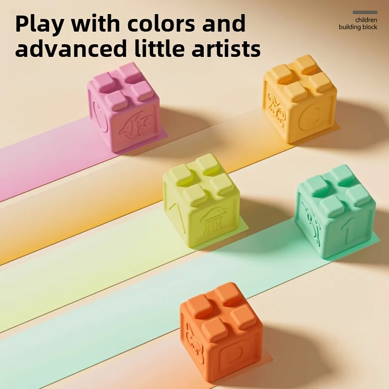 Zachte rubberen bouwstenen Puzzelspeelgoed voor vroeg onderwijs, siliconen kauwbare handgrijpstapel en constructie, voor baby's van 0-3 jaar