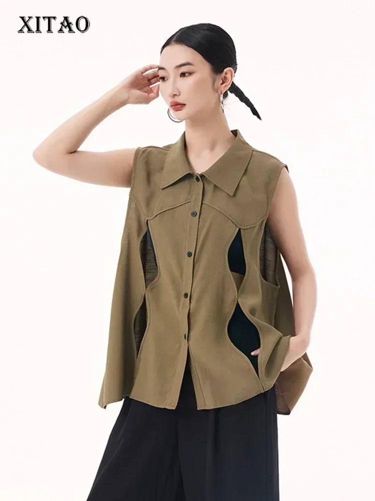 

XITAO Hollow Out Singe Baeasted Sleeveless Vest Autumn Loose Women Solid Color Fashion All Match Slimming Casual Vest GMM1365