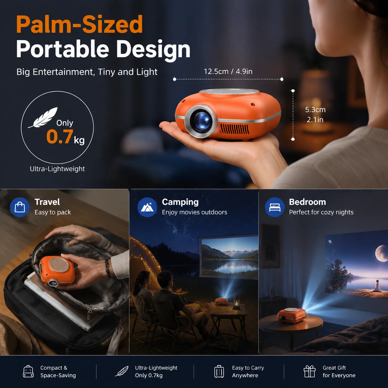 Portable mini Projector Featuring Native 720P HD Resolution (Supports 1080P), a 120-Inch Large Screen, and 250 ANSI Lumens Brightness; Supports Bluetooth 5.1 and HDMI/USB Connectivity—a Compact Home Theater Projector Ideal for Movies, Gaming, and Camping.