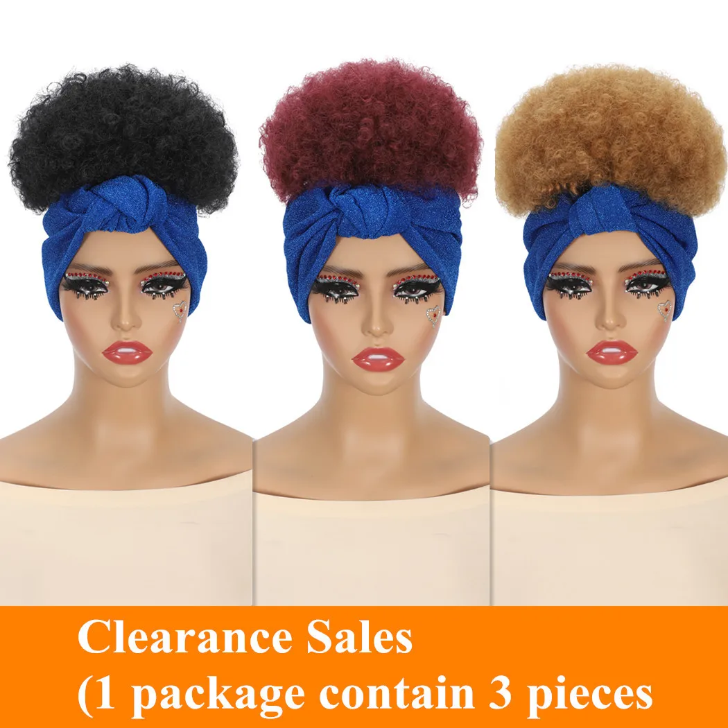 

3 Pieces Synthetic Hair Afro Curly Headband Wigs Clearance Sales 3 Pieces Combination Sale Short Synthetic Wig for Women