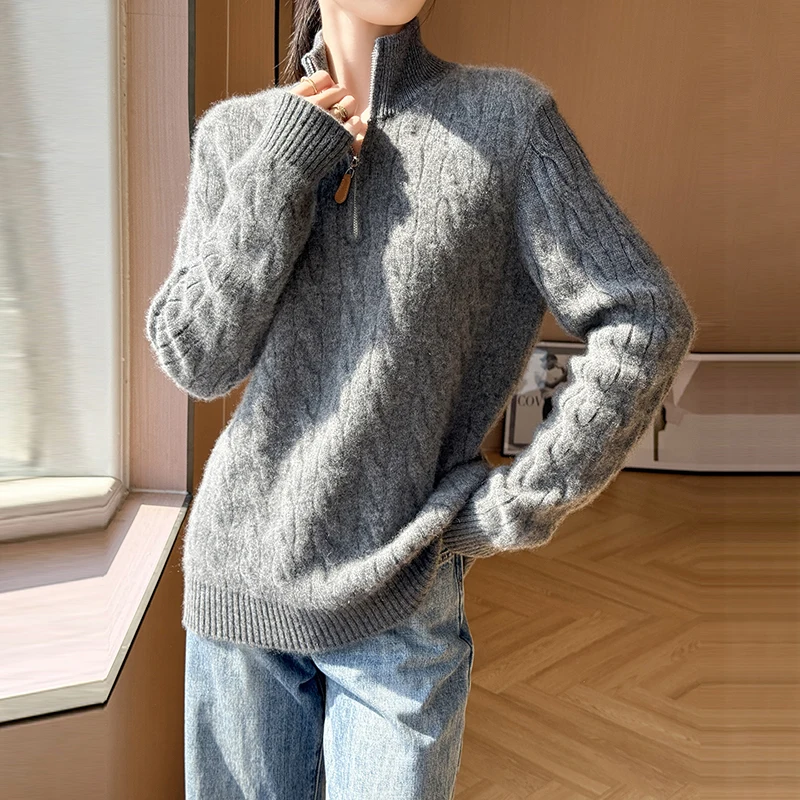 Women's 100% Merino Wool Mock Neck Pullover Sweater Half Zip Fastener Vertical Cable Stitch Silken Dense Fall Winter Collection