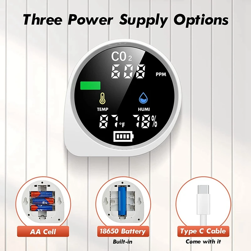 Indoor CO2 Monitor, Indoor Air Quality Detector For Home, Office Or School Portable Rechargeable Battery Powered