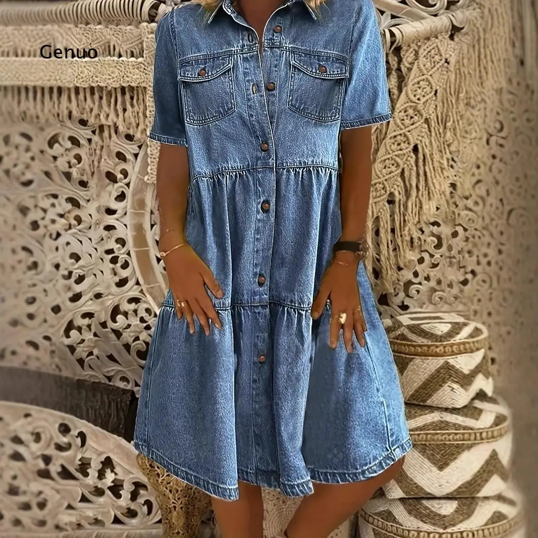 2026 Button Front Lapel Denim Dress with Layered Ruffle Hem Short Sleeve Casual Shirt Dress for Holiday Daily Outing