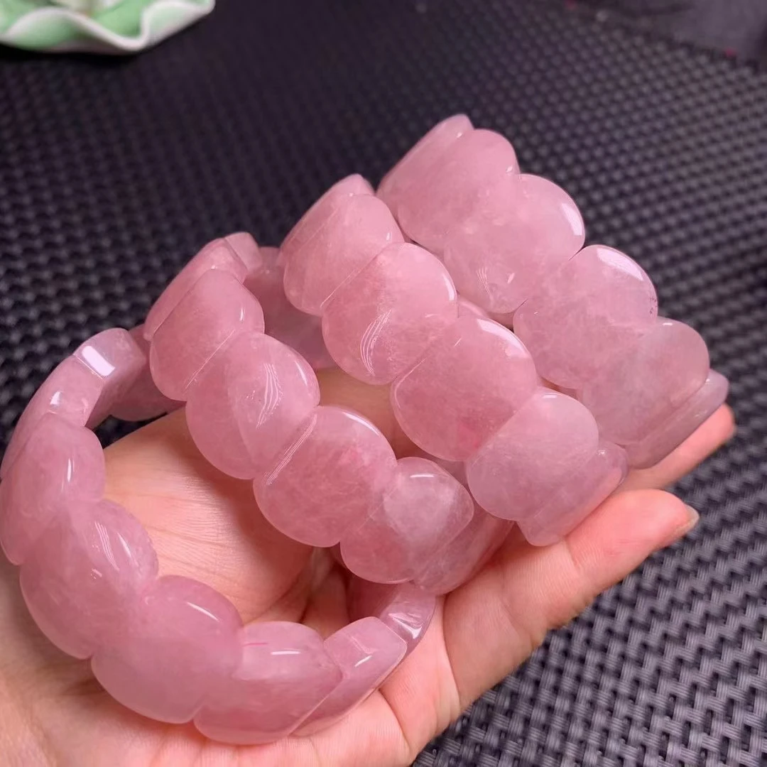 

Natural Pink Rose Quartz Clear Rectangle Beads Bracelet 19x10mm From Madagascar Stretch Woman Crystal Bangle AAAAA