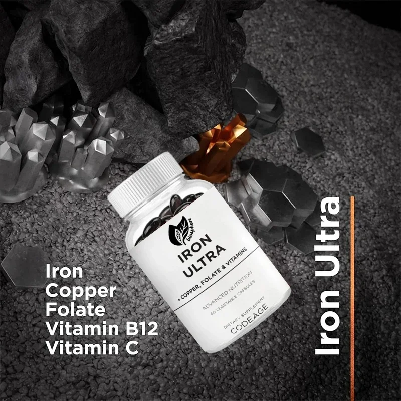 Iron Super Supplement plus Copper with Folic Acid Ferrous Sulfate Vitamin 65mg per Serving 60 Capsules for Health Maintenance