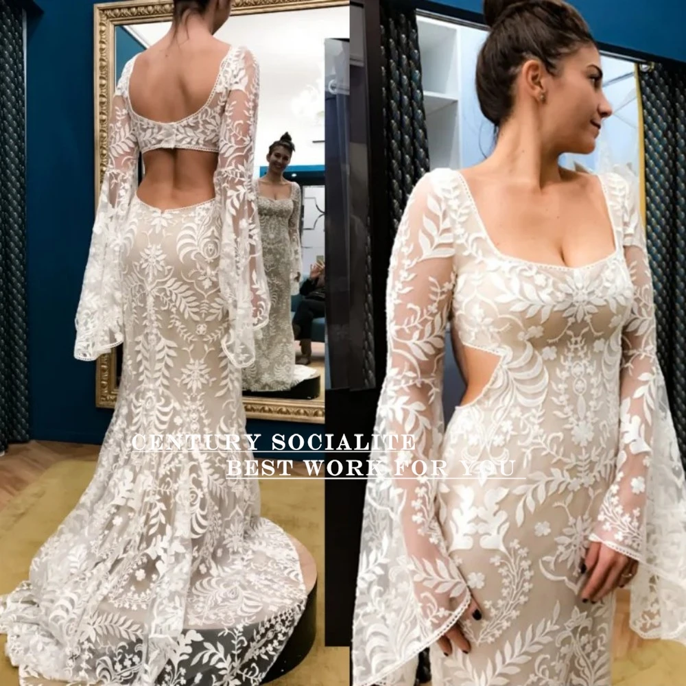 Backless Boho Wedding Dress Long Batwing Sleeves Lace Mermaid Bohemia Bride Dress 2025 Vestido de Novia Boda Civil Customized