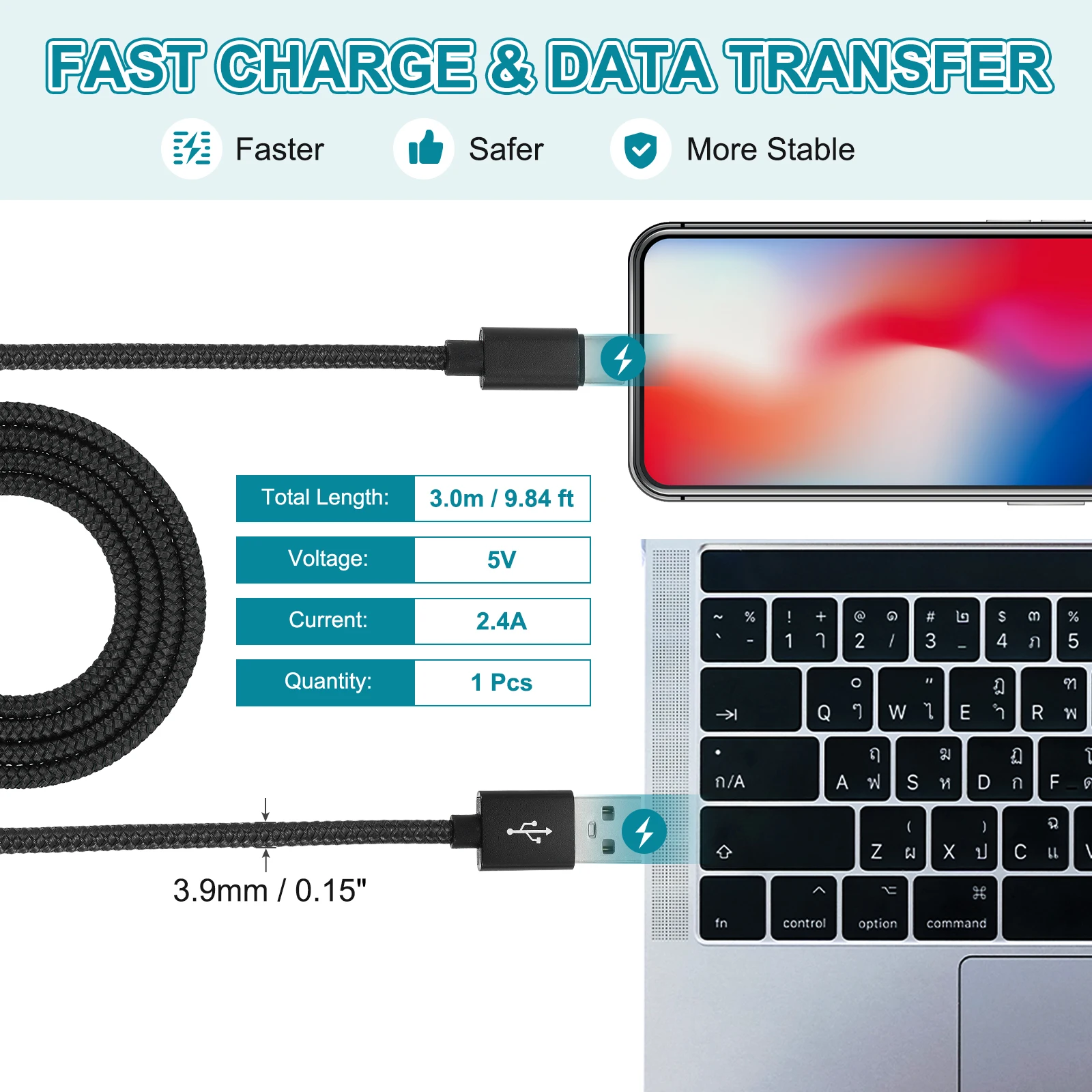 1-3Meter USB Type C Charger Cable 2.4A Type-C to USB A Braided Charging Cord Data Transfer Cable for Tablet Phone LED Lamp Drone