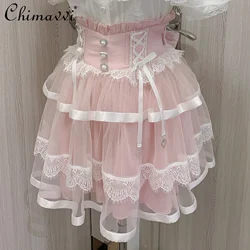 Original Japanese Mine Mass-Produced Girl Short Skirt Summer Clothes New Sweet Bow Lace Mesh Lolita Short Fishbone Skirts