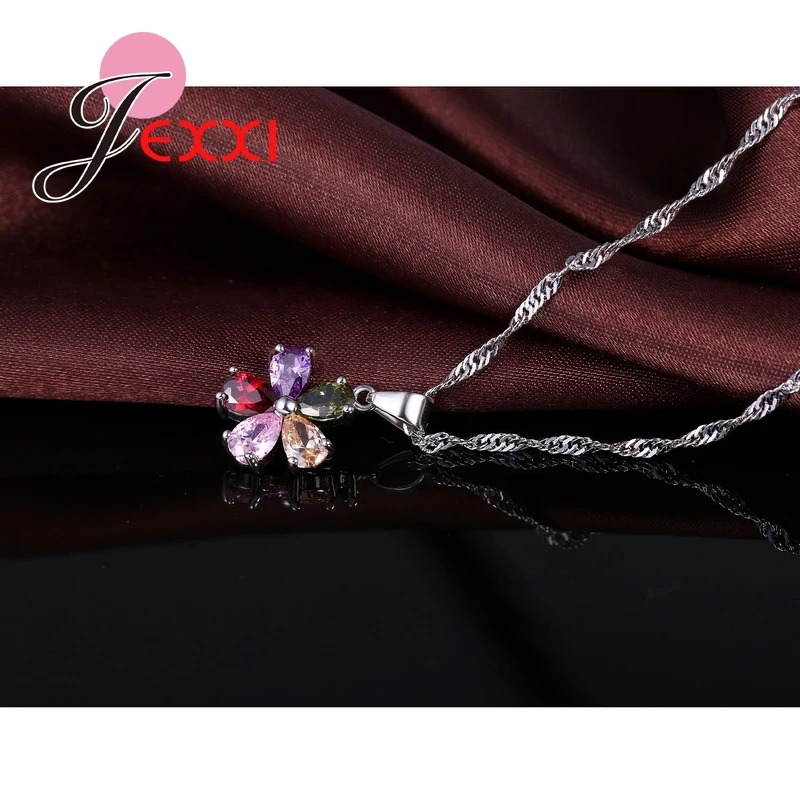 Five Petaled Flowers Shinning Colorful CZ Crystal Pendant Jewelry Sets 925 Sterling Silver Necklace + Dangle/Hoop Earring Sets