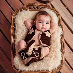 Newborn Woolen Set, Baby Adorable Coffee Cowboy Photography Clothing, Handmade Woolen Yarn Knitting Costume for 0-1 Month Boys