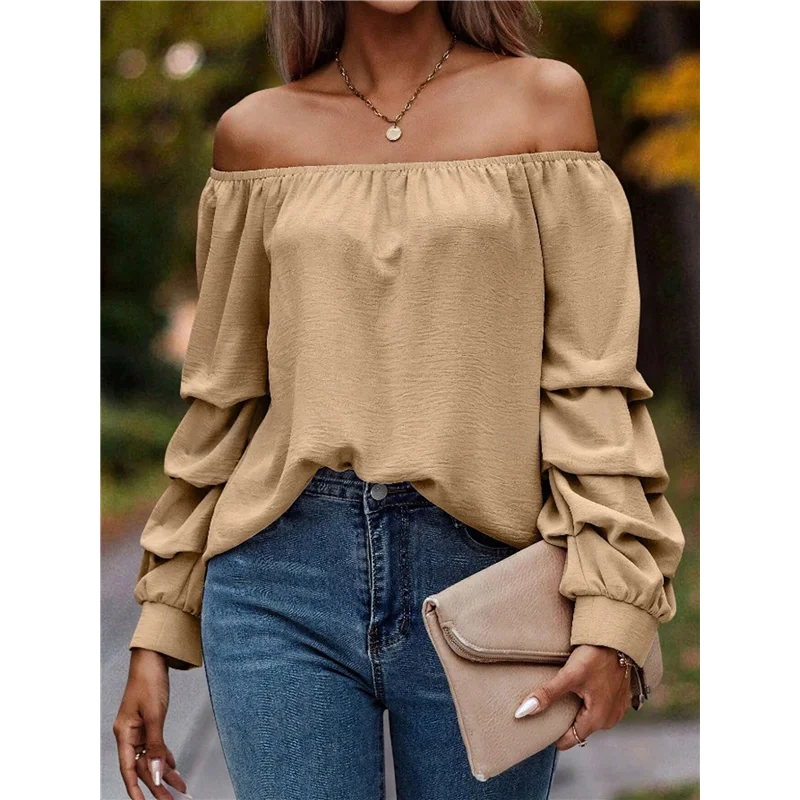 AOAO-여성 오프 숄더 탑 프릴 긴 소매 쉬폰 블라우스 캐주얼 루즈 셔츠