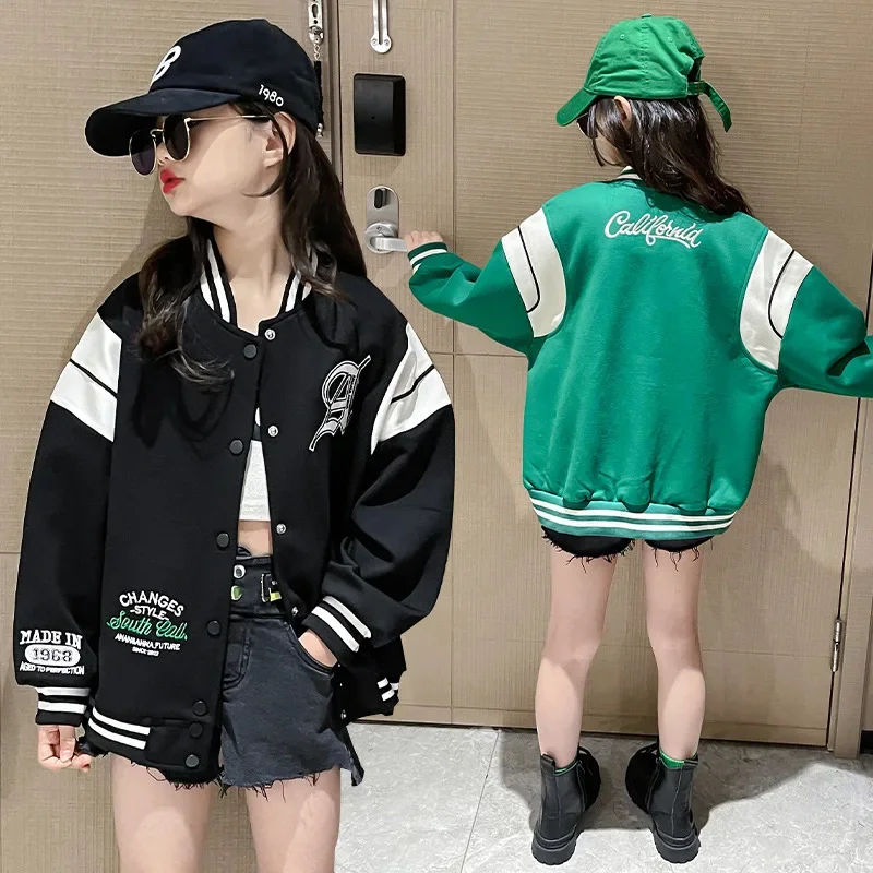 Autumn Girls Spring Single-breasted Alphabet Embroidery Sweat Varsity Jackets School Kids Track Coats Child Outfit Tops 5-16 Yrs