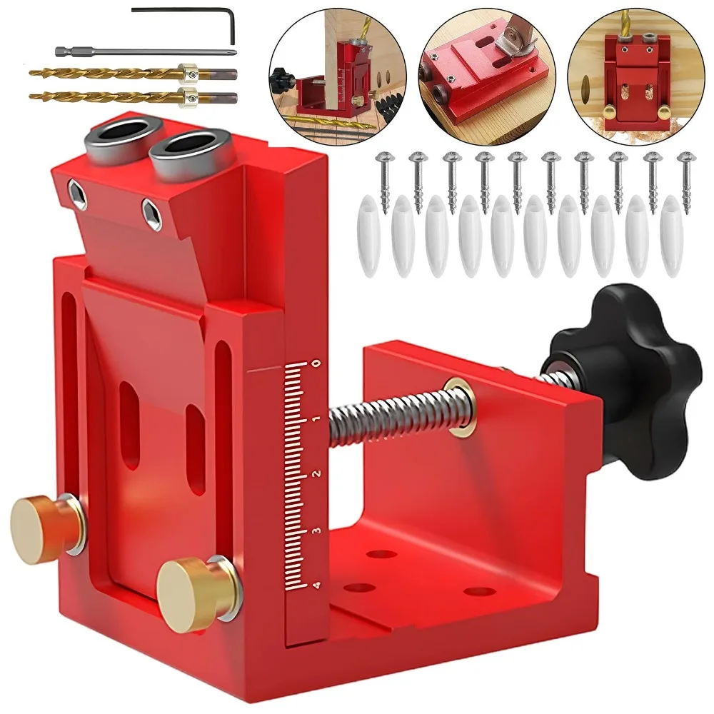 Roter Pocket-Hole-Jig, verstellbares Bohrlehren-Set mit zwei 9-mm-Bohrern, präziser Schrägloch-Führung für die Montage von Holzmöbeln und Schrankbau, unverzichtbares Holzbearbeitungswerkzeug für
