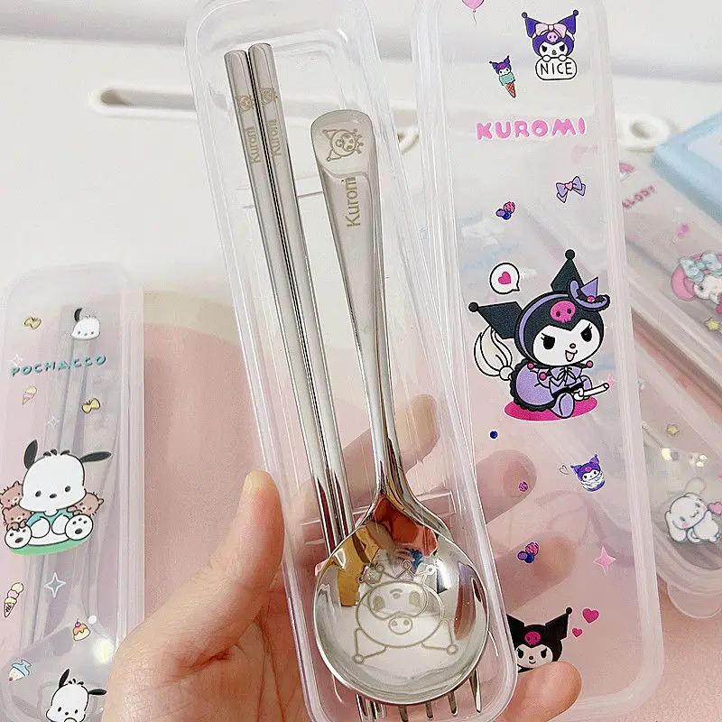 Kawaii Sanrio Tableware Suit Kuromi Cinnamoroll Cartoon Student Have A Meal Spoon Chopsticks Stainless Steel Toys For Girls