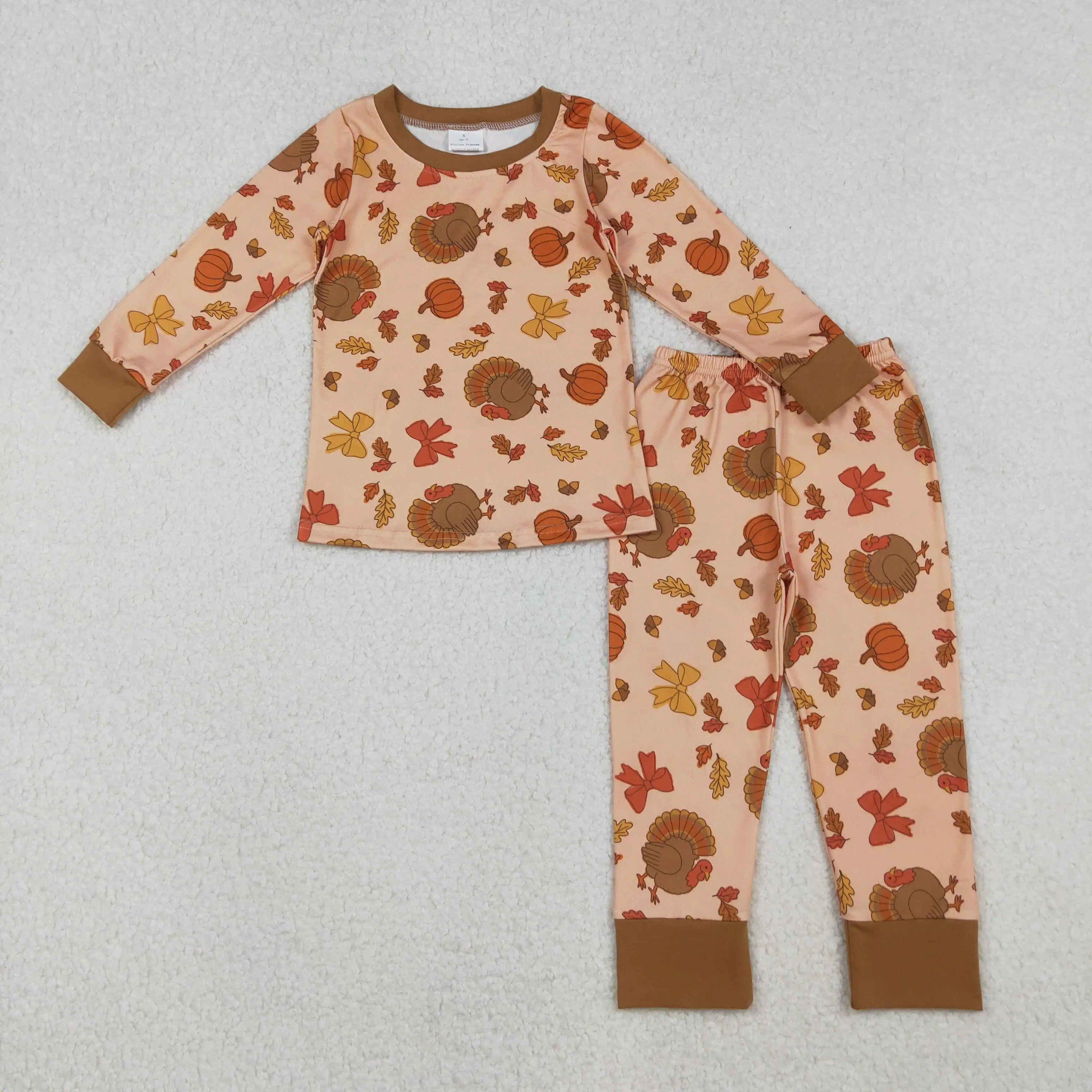 

X10.11 Baby Girls Thanksgiving Clothing Wholesale Turkey Pumpkin Bow Pattern Long Sleeve Long Pants Pajama Set