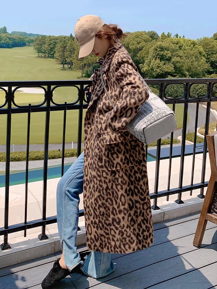 Overcoat New Autumn Winter Woolen Coat Women Brown Leopard Print Midi Wool Coats 2024 Paris Fashion Show High Quality Outerwear