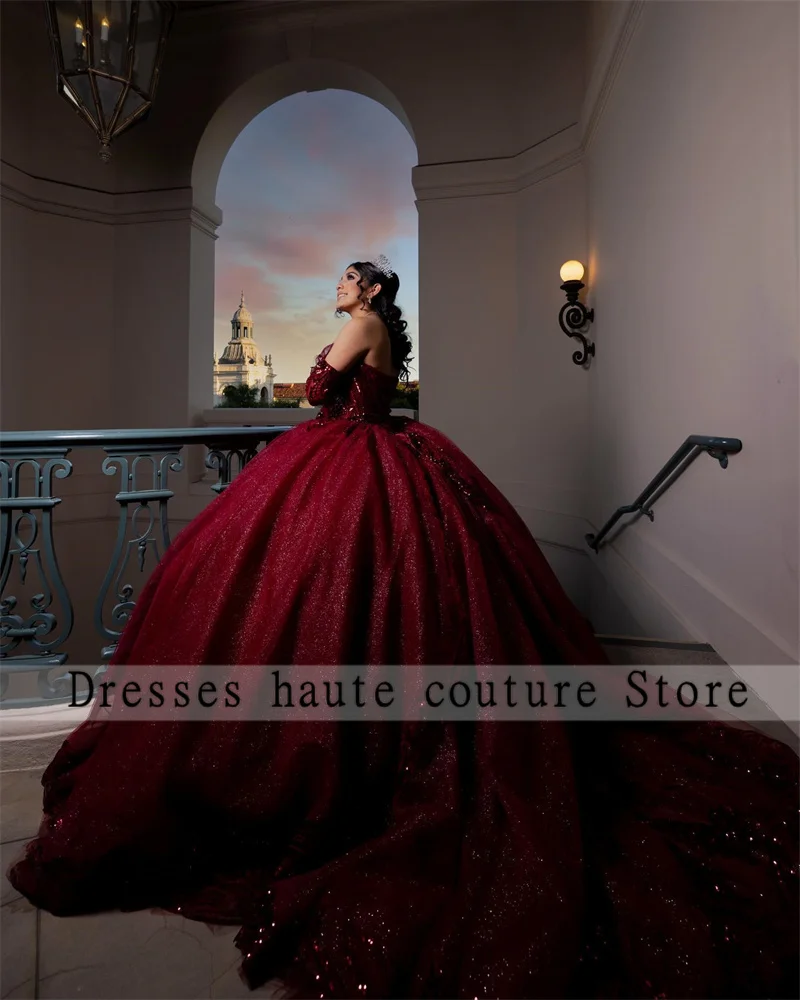 Burgundy Sequin Lace Quinceanera Dresses 2025 Customized Bead Applique Sweet 16 Dress Birthday Gowns Vestido De 15 Anos