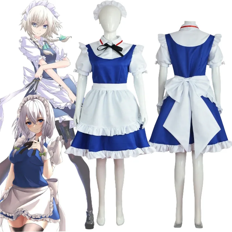 Jogo touhou projeto izayoi sakuya cosplay traje peruca touhou koumakyou vestido de halloween lolita empregada roupa role play uniforme