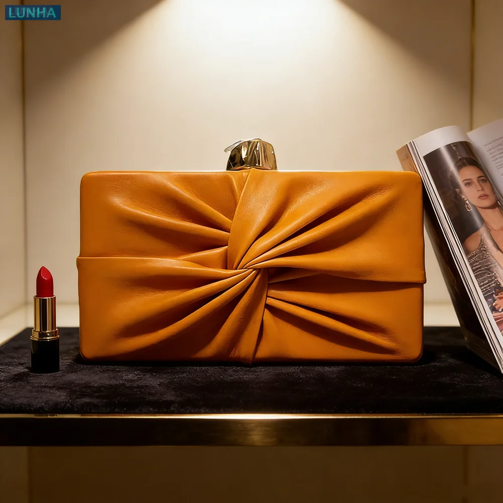 Evening Clutch Purse for Women Designer Pleated Knot Box Clutch Bag with Chain Shoulder Strap Hard Case Party Wedding Handbag