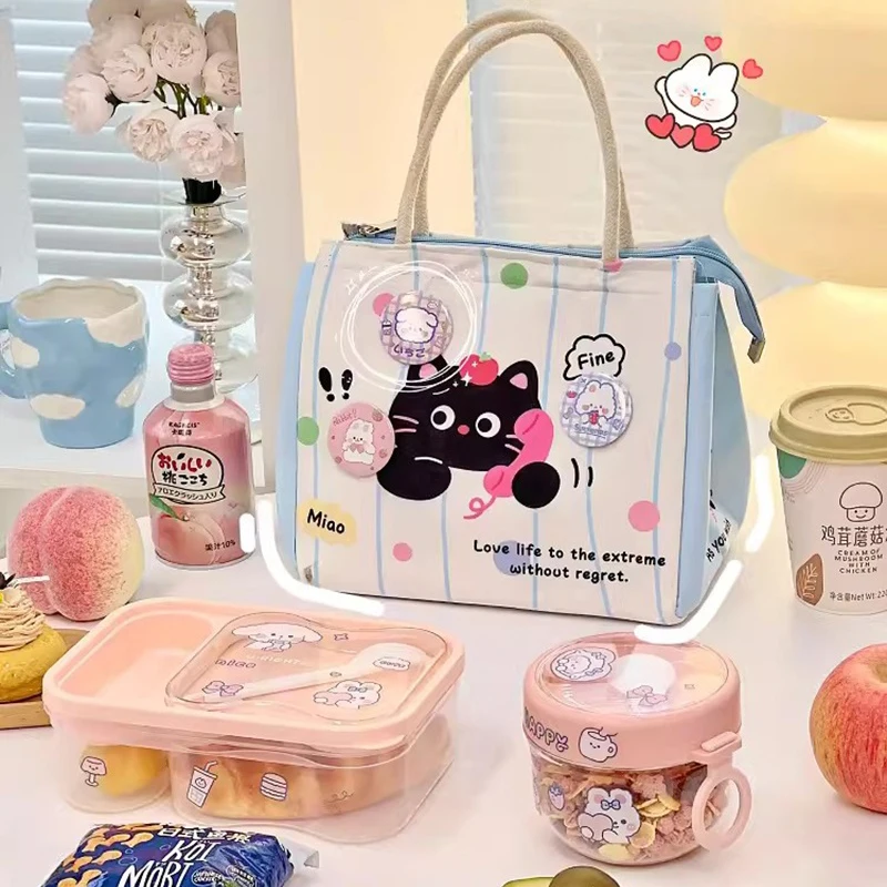 Kawaii Thermal Lunch Bags For Women Girl Kids Cute Portable Lunch Box Accessories Tote Bag Large Bento Pouch Food Storage Bags