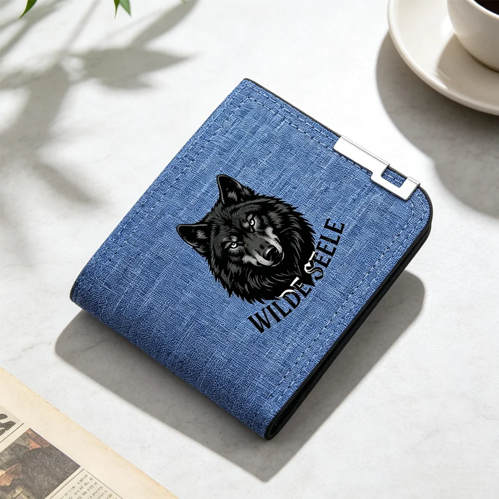 Men's Casual Fashionable Short Canvas Wallet Wolf Head Print Design Versatile Teen Suitable Wallet