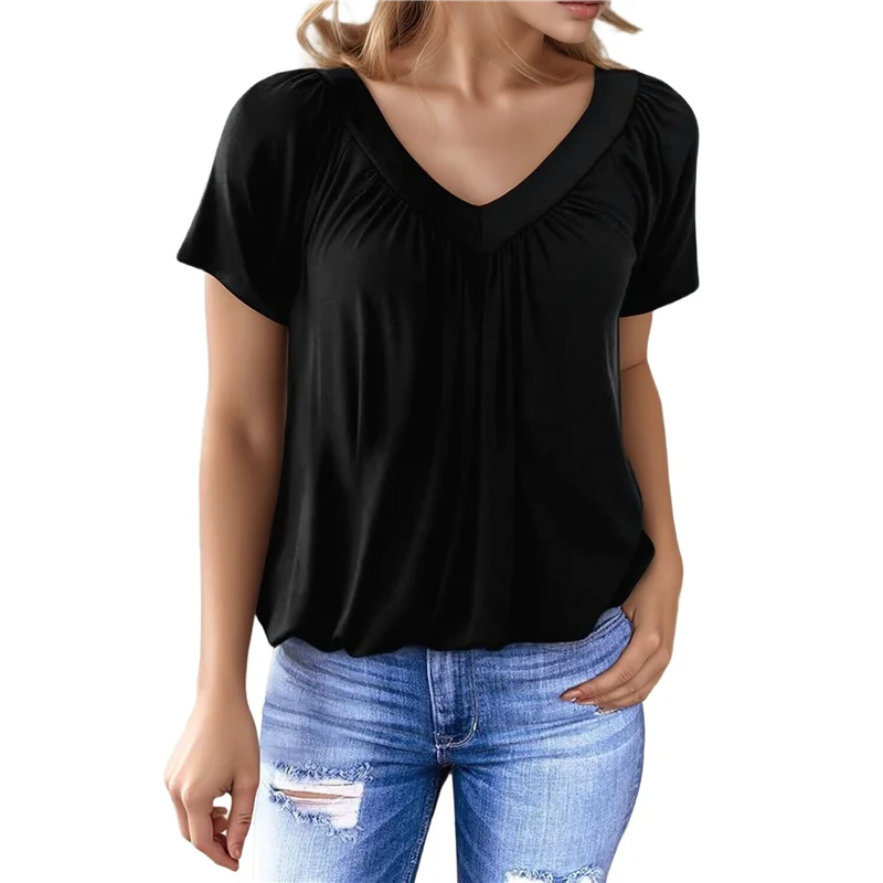 

R-Reliable-Womens Short Sleeve Casual Tops Dressy V Neck T Shirts Loose Fit Summer Pleated Blouses