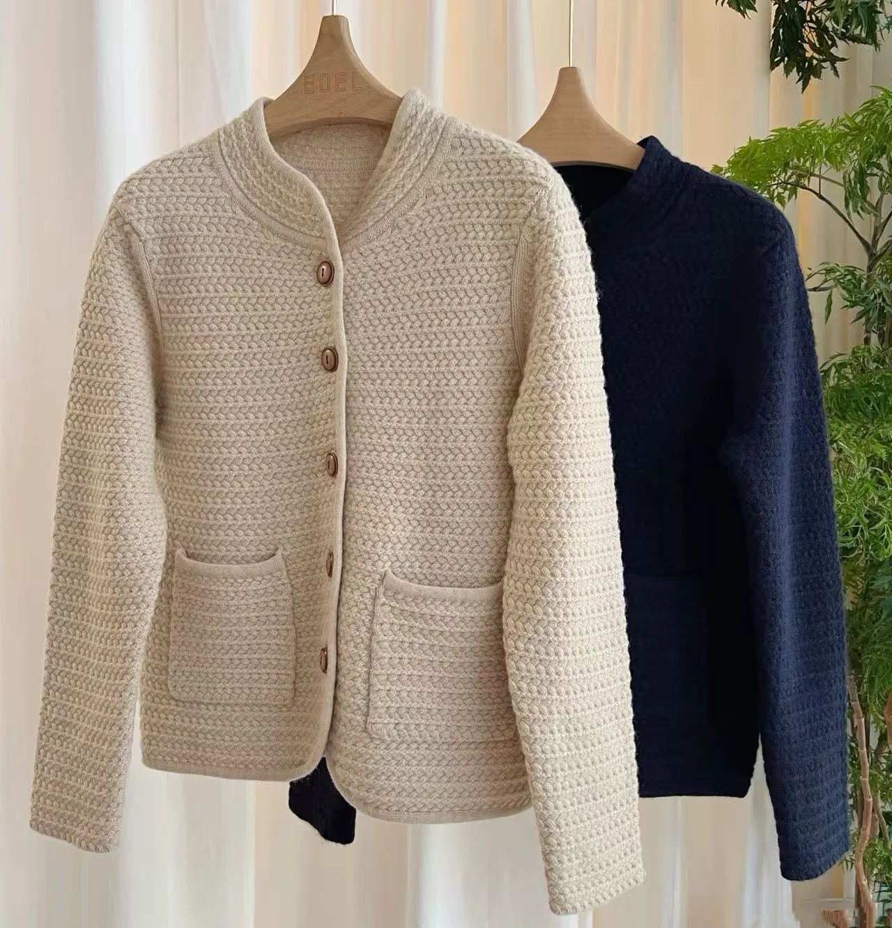 Luxury 100% Wool Cardigan Women Stand Collar Knit Jacket Elegant Textured Pocket Coat Navy Blue Oatmeal Beige 2026
