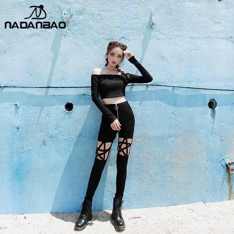 NADANBAO Pantaloni scavati Goth Pentagramma sexy Y2K Harajuku Grunge Pantaloni elastici a vita alta neri Pantaloni con cerniera punk