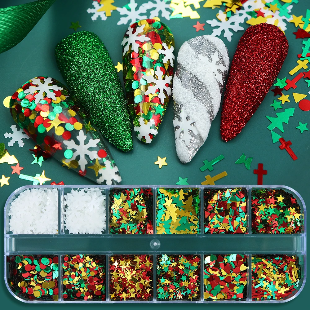 Christmas Snowflake Nail Sequins Mix Sparkly Xmas Tree Round Bubble Flakes Nail Art Decorations DIY Winter Manicure Accessories
