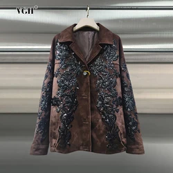 VGH Autumn Embroidery Deerskin Jacket For Women Lapel Long Sleeve Patchwork Sequins Vintage Streetwear Coat Female Clothing New