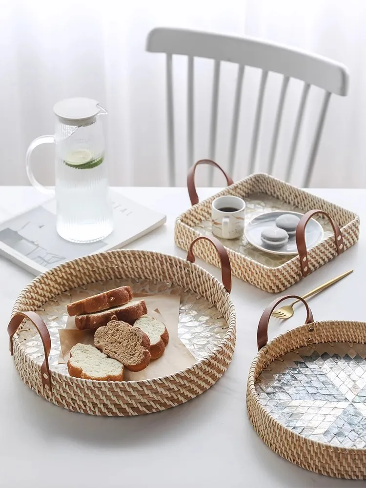 Light Luxury Style Living Room Desktop Decoration Storage Tray Hand-Woven Rattan Originality Storage Basket Jewelry Storage Tray